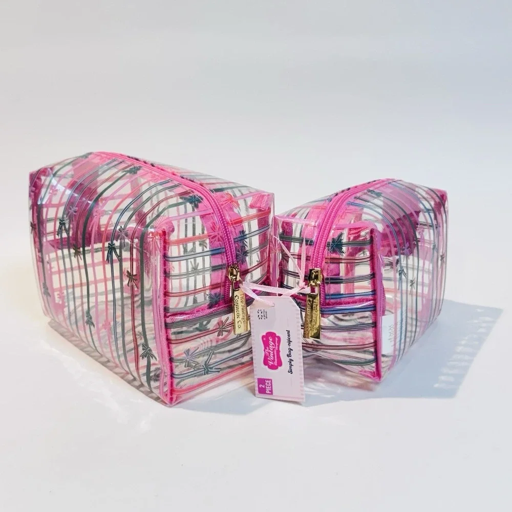 NWT The Vintage Cosmetic Co Lot of‎ 3 Makeup Bags Plastic & Quilted Pink Bows